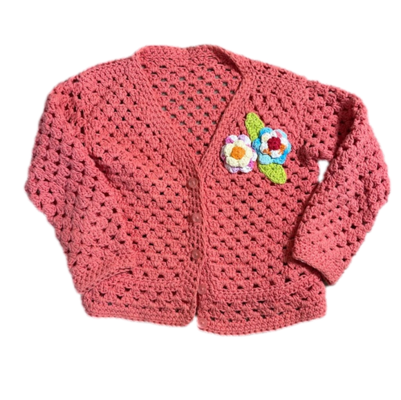 VINTAGE Hand Knit Open Weave Coral Pink Button Up Cardigan with Crochet Flowers - Picture 1 of 8
